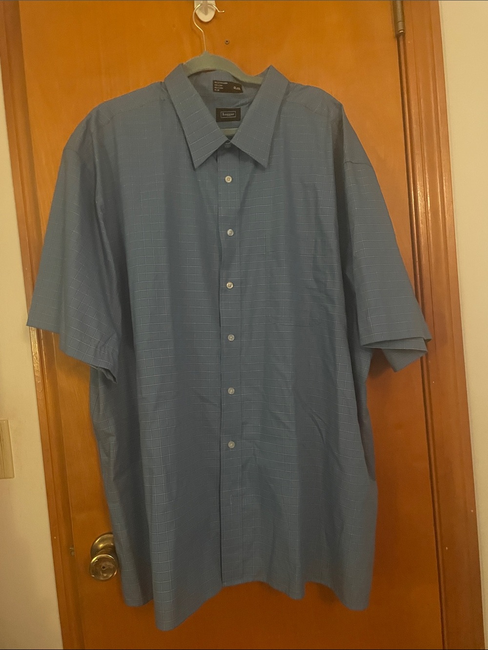 Haggar Blue Short-Sleeve Button-Down with Subtle Windowpane